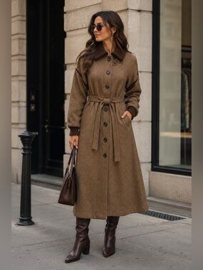 Vintage American Bazaar Wool Tweed Tan Brown Belted Button Trench Coat Small